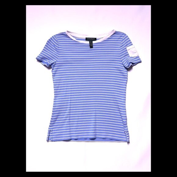 Lauren Ralph Lauren Women's Petite Blue & White Striped Cotton T-Shirt PM - Picture 1 of 5